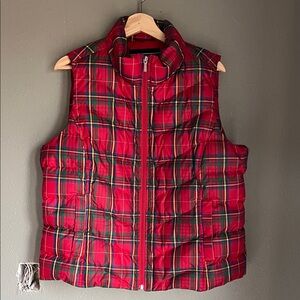 Lands End Red Plaid Zip Puffer Vest